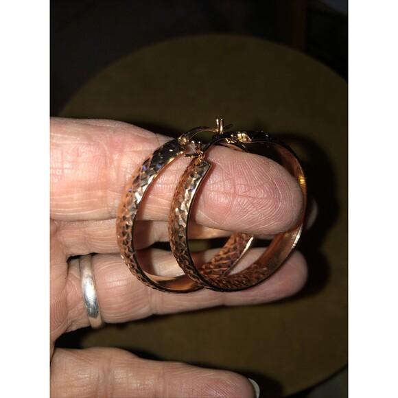 Milor Italy Bronze Round Hammered Hoop Post Earrings 1.5"Lever back - Picture 2 of 5